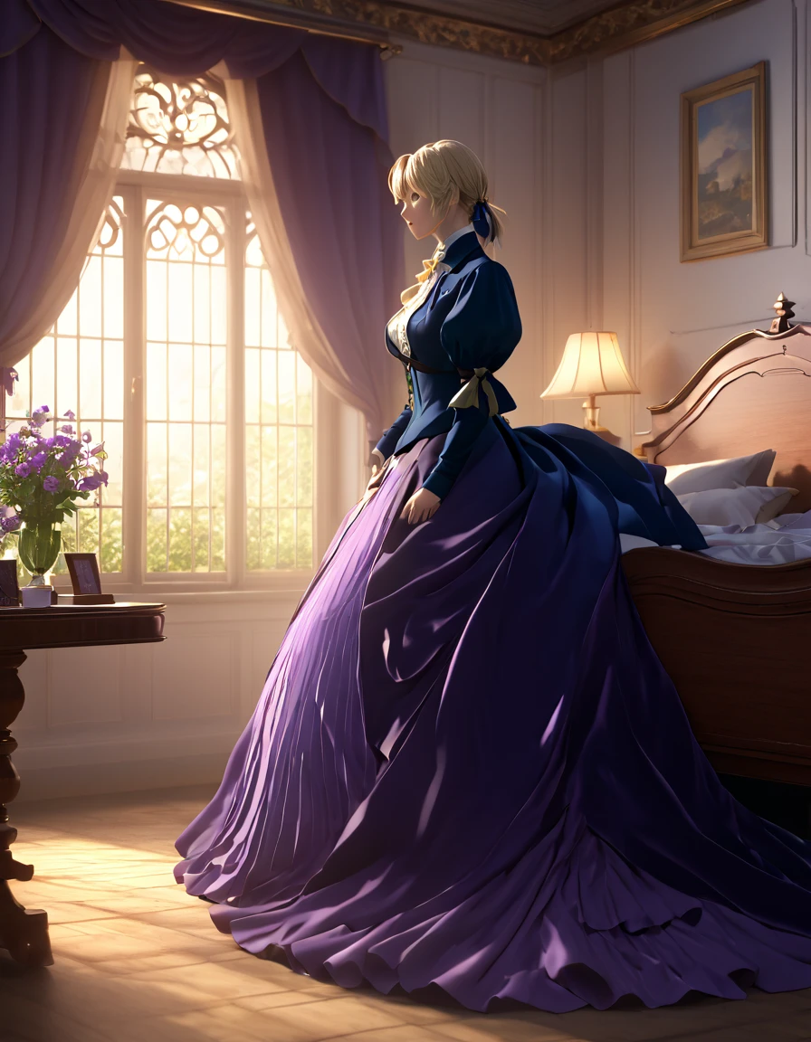 masterpiece, highest quality, (Highly detailed CG synthesis 8k wallpaper), (highest quality), (Best illustrations), (Best Shadow), (Stable Diffusion Model), Violet Evergarden, Sparkling, beautiful, victorian style bedroom, Dynamic Lighting, Depth of written boundary