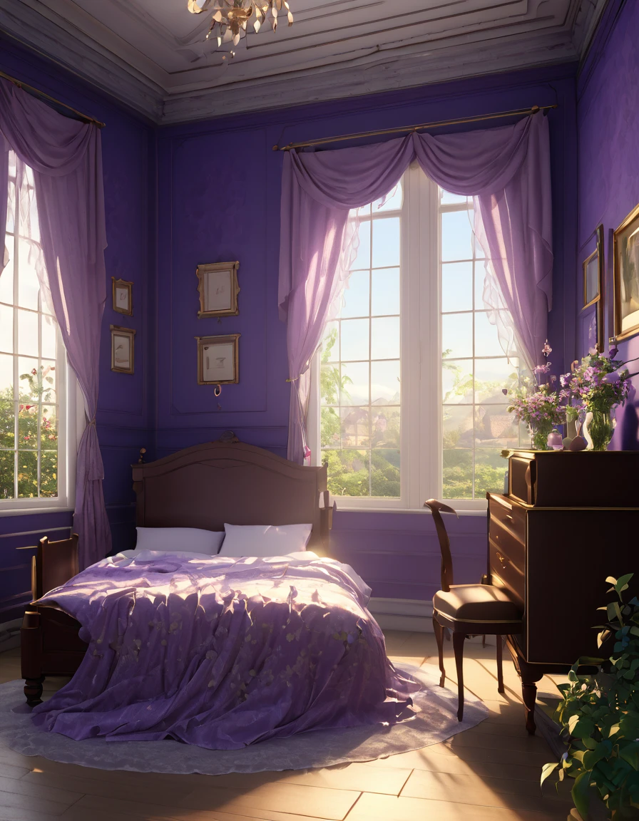 masterpiece, highest quality, (Highly detailed CG synthesis 8k wallpaper), (highest quality), (Best illustrations), (Best Shadow), (Stable Diffusion Model), Violet Evergarden, Sparkling, beautiful, victorian style bedroom, Dynamic Lighting, Depth of written boundary