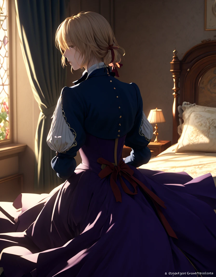 masterpiece, highest quality, (Highly detailed CG synthesis 8k wallpaper), (highest quality), (Best illustrations), (Best Shadow), (Stable Diffusion Model), Violet Evergarden, Sparkling, beautiful, victorian style bedroom, Dynamic Lighting, Depth of written boundary