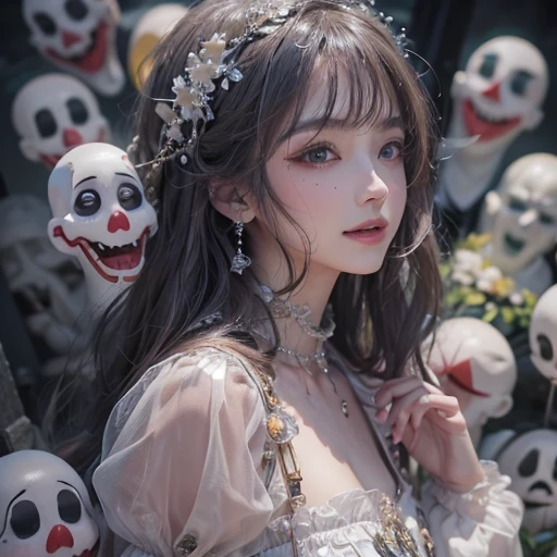 Standing in the grave、Hair flow、 ((highest quality、masterpiece、8k、Best image quality、Ultra-high resolution、Award-winning works)、(Accurate anatomy:1.1)、(Look at me and smile:1.1)、Shining fair skin with Ultra-high resolution、The most detailed face、Ultra-high resolution detailed face、Ultra-high resolutionの髪の毛、(Ultra-high resolution eye:1.1)、Beautiful face drawn in every detail、Cheerful clown costume, Chest to chest, Strange atmosphere, Ghosts flow, Dark Light, At the cemetery, Heavy makeup