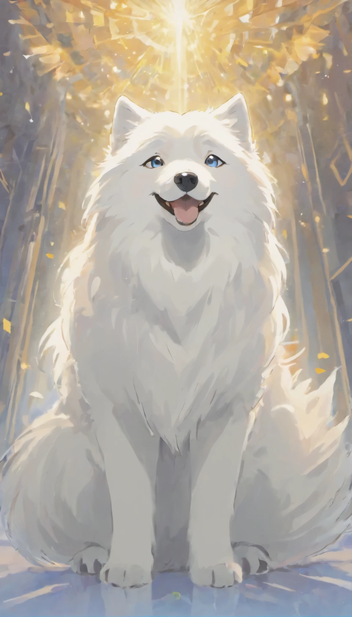 White Samoyed dog,Looking upwards,Detailed fur texture,Simple background