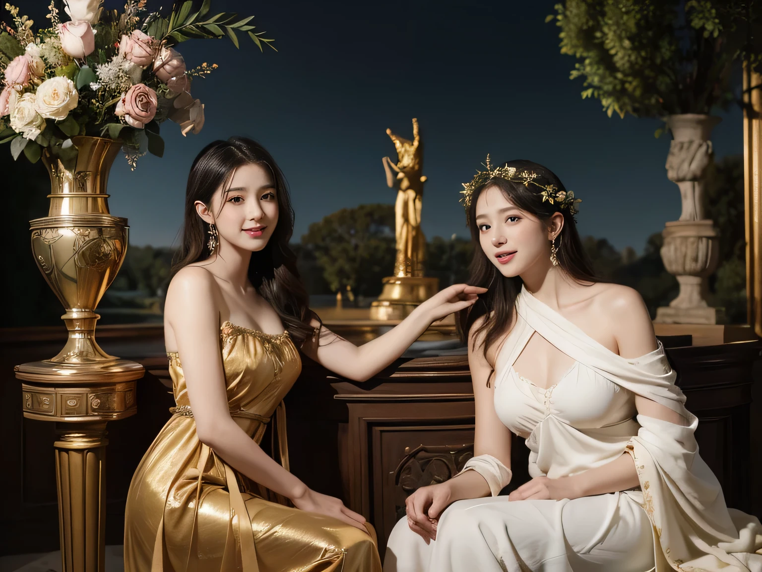 Giorgione painting style,Arguments of two female Philosophe,math、astronomical machine、astronaut、roses in vase、fruits、Cute trinkets、smile、ancient greek costume、Background is a forest lake at night 、Clothes that stretch your shoulders、A big smile、beautiful bare skin、A detailed representation of the seducing woman throughout her body.