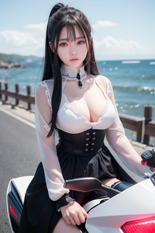 8k、RAW Photos、highest quality、Beautiful Teenage Woman、1 female、Big beautiful eyeedium chest、A Japanese girl with long black hair, dressed in Victorian fashion, riding a futuristic white superconducting motorbike with red LED lights along the coastline