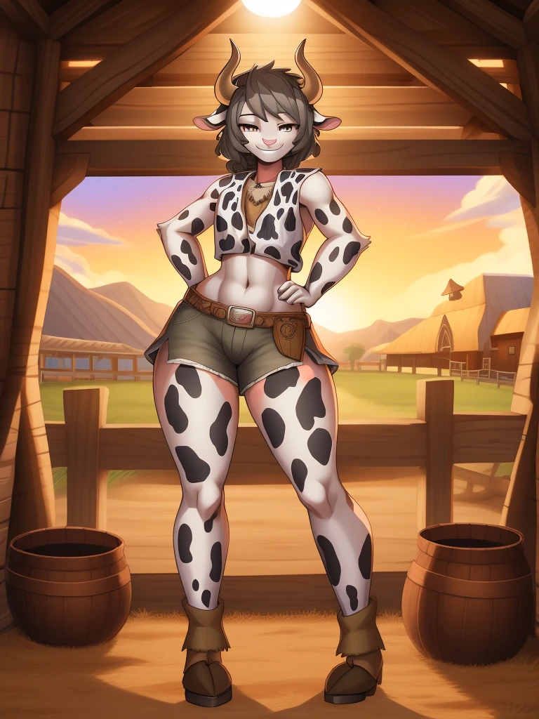 Best quality, super detailed illustration, warm colors, Ideal lighting, (Fluffy cow boy:1.4), white fur with black spots ,feminine face and body, disheveled thick gray hair, short shorts, Cowboy clothes, with a ranch in the background, smug smile, half-closed eyes , Femboy, slim, perfect body, DND style