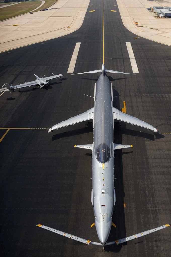 Here’s the revised prompt in English, emphasizing the placement of the engines at the front: "Create a clear, high-resolution image of a futuristic giant airplane with engines located at the front. The design should be innovative and aerodynamic, with sleek and elegant lines. The aircraft should appear robust and technologically advanced, featuring wide wings, modern LED lighting, and a shiny metallic fuselage. Ensure the image is very sharp and detailed, and position the airplane on an airport runway."