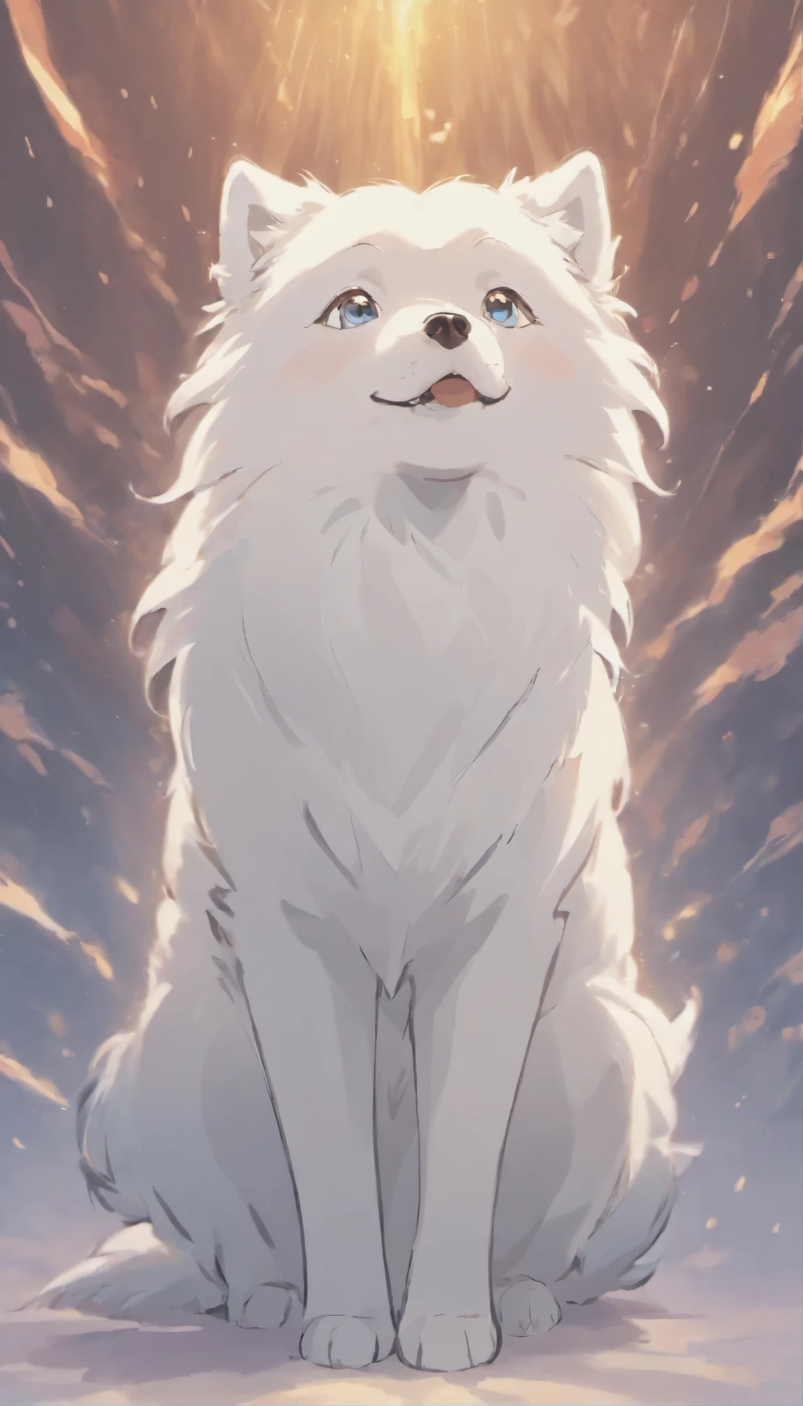 White Samoyed dog,Looking upwards,Detailed fur texture,Simple background,stretch pose