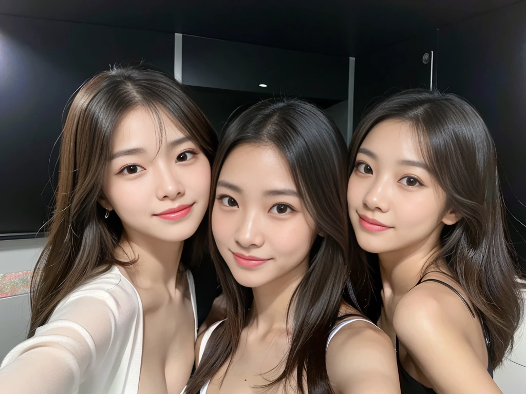 three beautiful women，Taking photos in the darkroom，detailed skin，Sexy，confidence，Friendly faces，Very realistic skin colors，Daily selfies closer to real life