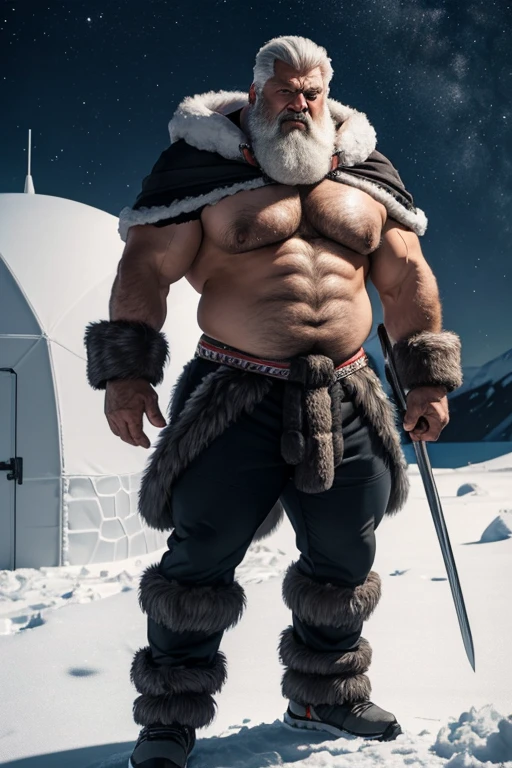 Hyper realistic image of an elderly eskimo hunter warrior superhero with very long gray hair An angry super heavyweight bodybuilder flexing his muscles A full body obese bodybuilder with a very sweaty body An extremely muscular and extremely fat old man over 70 years old weighing more 600 pound Very muscular, very hairy man with very large legs Very sagging pecs with dark nipples and gynecomastia standing in a snowy Alaskan landscape in front of an igloo wearing fur pants and a long fur hooded cape.