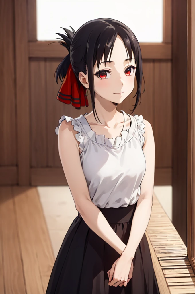best quality, (masterpiece:1.2), detailed,
shinomiya kaguya,
1girl, solo, closed mouth, light smile,
black hair, red eyes, short hair, folded ponytail, hair ribbon, elegant clothes, no sleeve, red ribbon,
standing, looking at the viewer, medium breasts,((upper body))