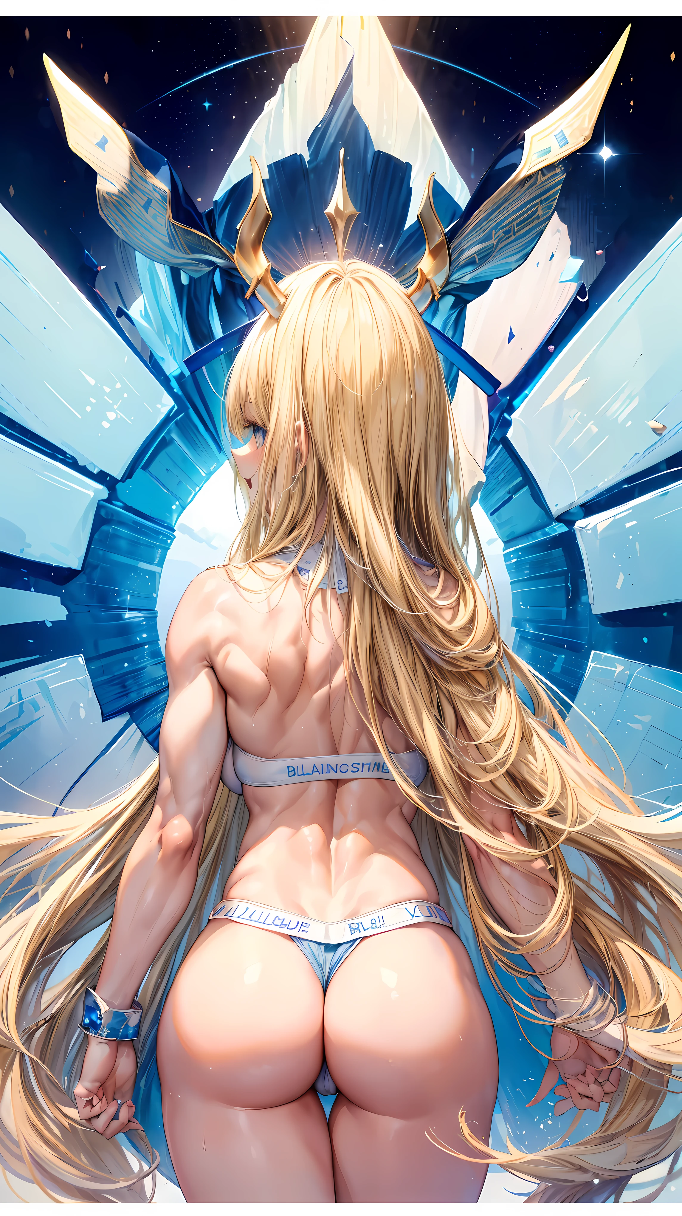 Very detailed、highest quality、Best image quality、masterpiece、8k、Sparkling Blue Eyes、Anime Face、A kind smile、Open Mouth、(Blonde long hair:1.5)、(SFW Giant)、Rear View、Cowboy Shot、(White Thong:1.5)、(Muscles of the whole body)、Horn、ckundies