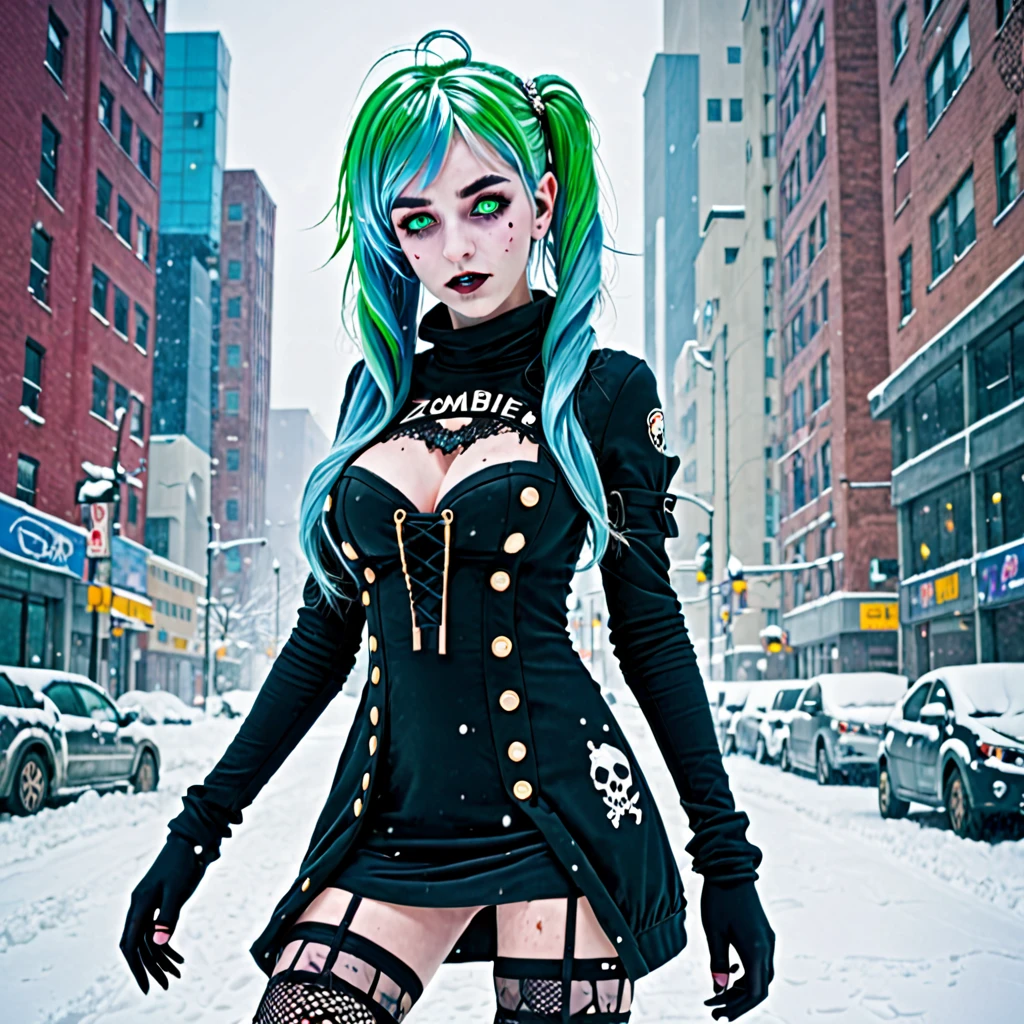 best quality,ultra high res,1girl,solo,full body,snow,city,, blue hair,green eyes,jk,, zombie princess