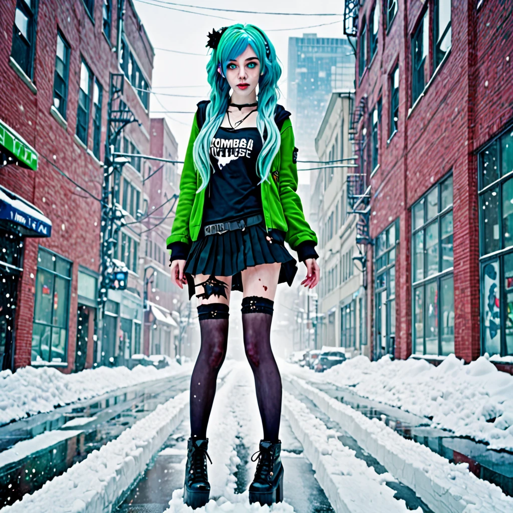 best quality,ultra high res,1girl,solo,full body,snow,city,, blue hair,green eyes,jk,, zombie princess