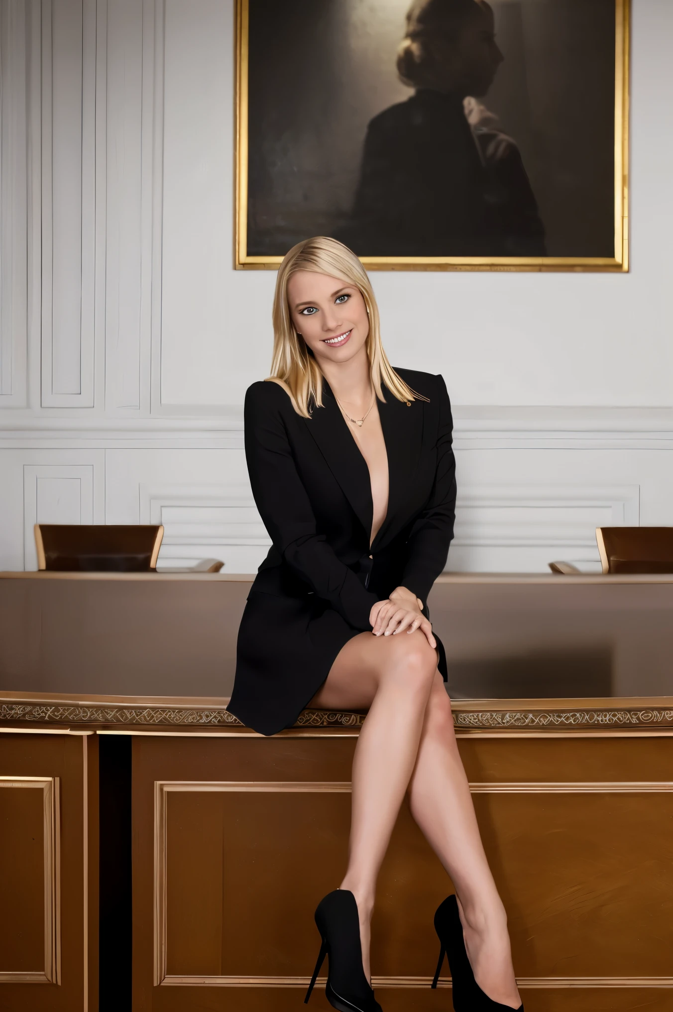 Beautiful blonde woman (wearing black jacket, unbuttoned shirt, white executive shirt, miniskirt ,expensive shoes ), cleavage, executive office,
perfect, masterpiece, complex_background,HDR, photorealisticSitting on table, crossed legs, smile 