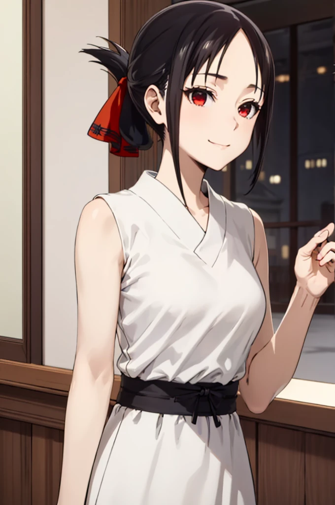 best quality, (masterpiece:1.2), detailed,
shinomiya kaguya,
1girl, solo, closed mouth, light smile,
black hair, red eyes, short hair, folded ponytail, hair ribbon, elegant clothes, no sleeve, red ribbon,
standing, looking at the viewer, medium breasts,((upper body))