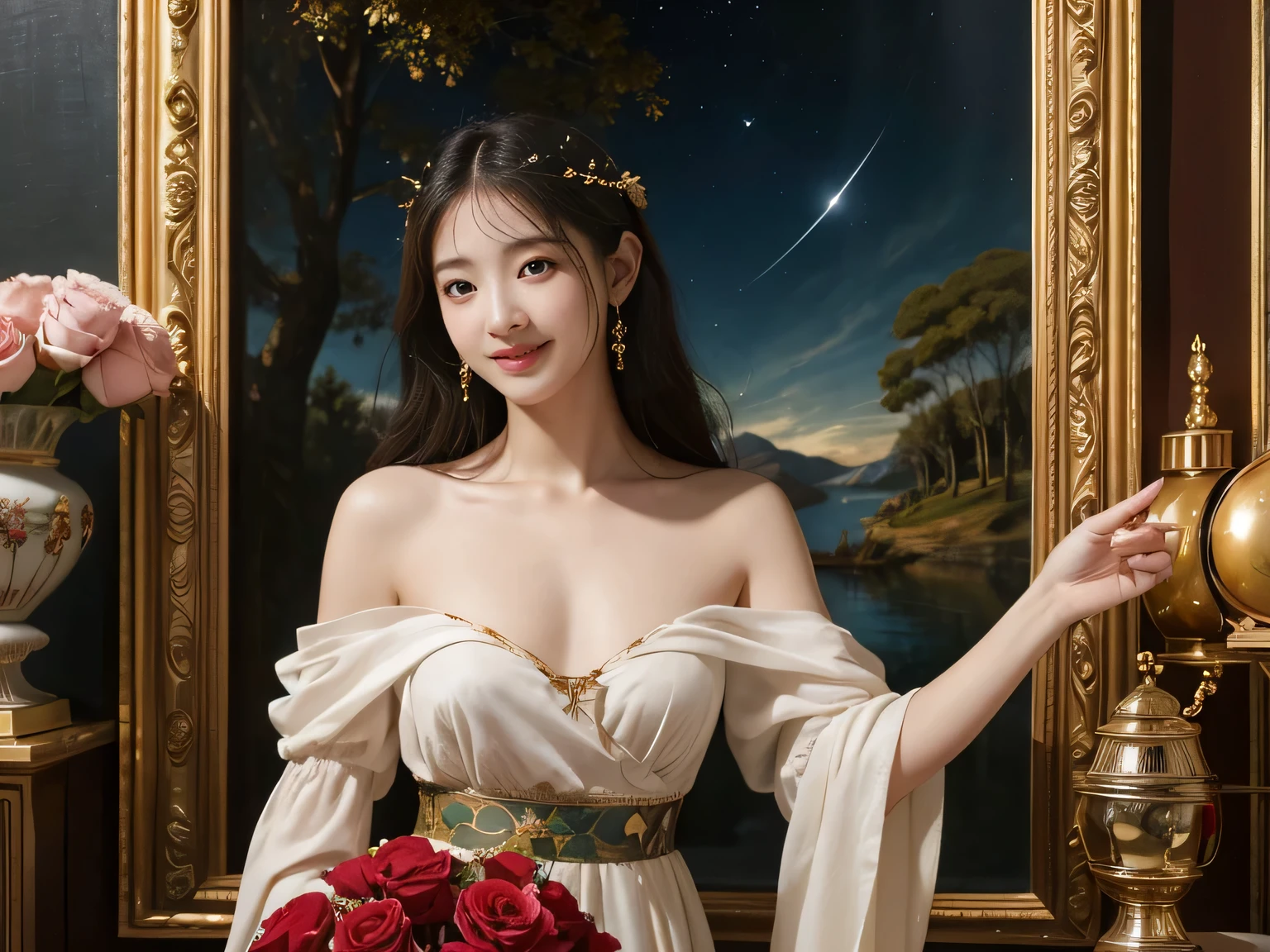 Giorgione painting style,Arguments of two female Philosophe,math、astronomical machine、astronaut、roses in vase、fruits、Cute trinkets、smile、ancient greek costume、Background is a forest lake at night 、Clothes that stretch your shoulders、A big smile、beautiful bare skin、A detailed representation of the seducing woman throughout her body.