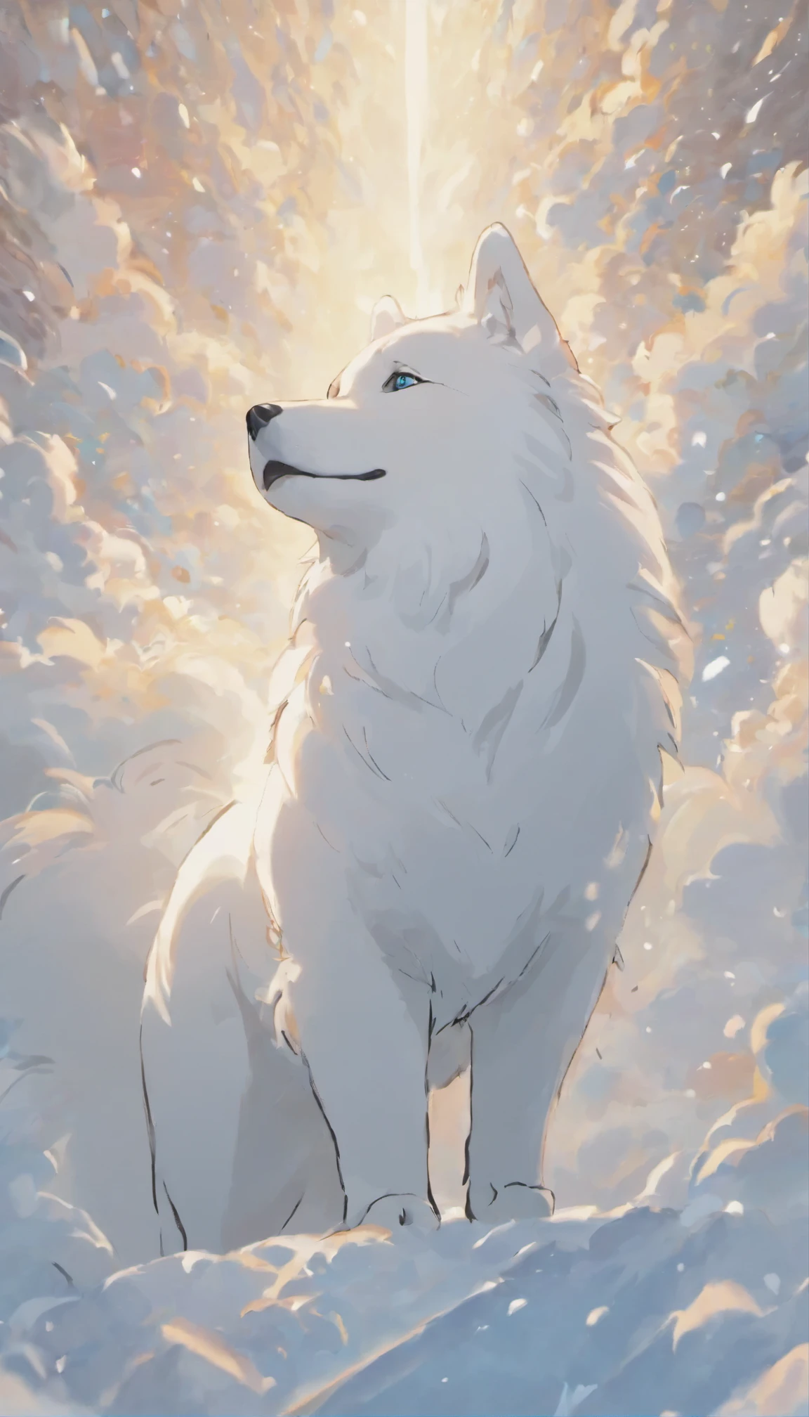 White Samoyed dog,Looking upwards,Detailed fur texture,Simple background,stretch pose,yoga