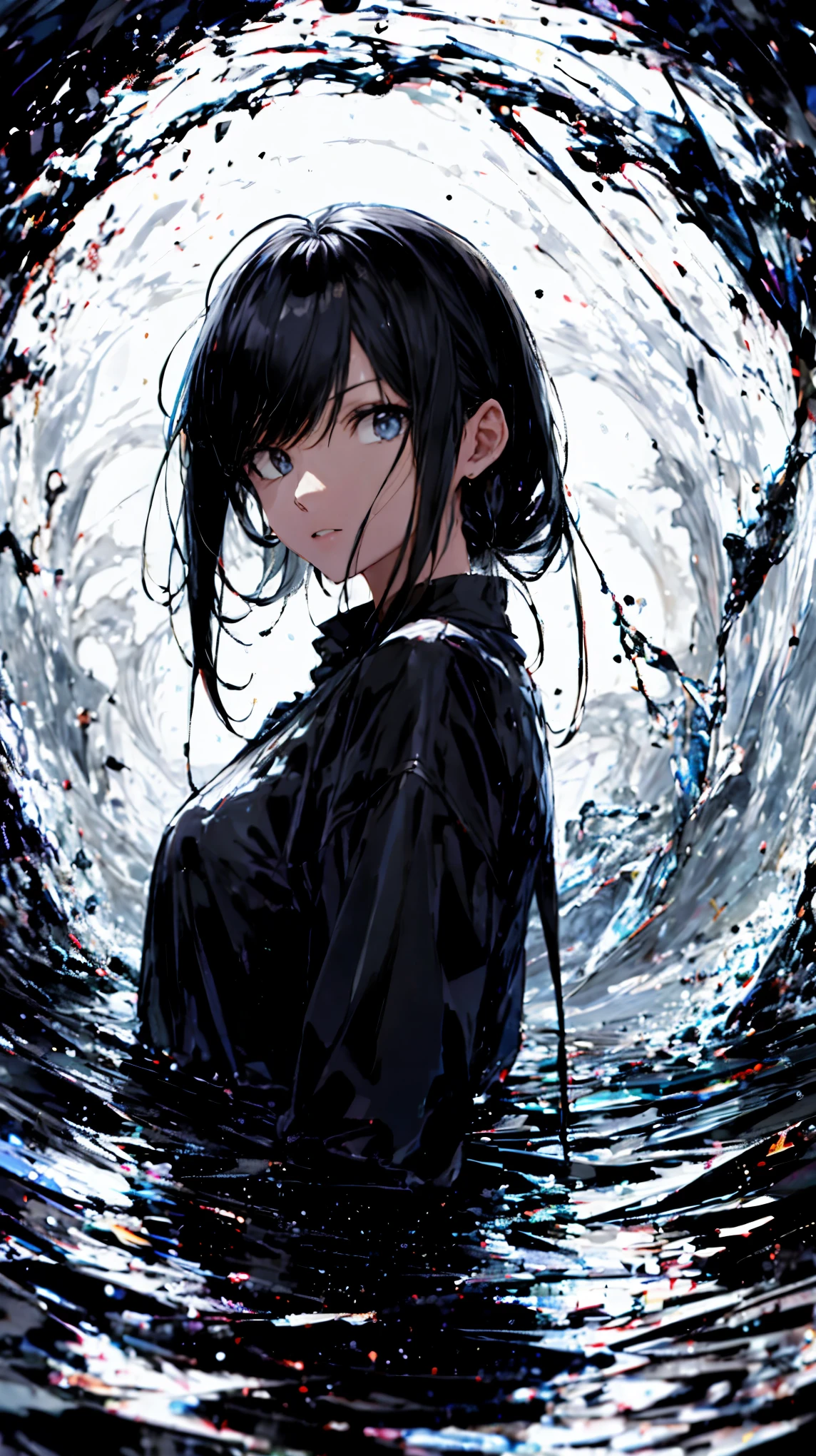 (La mejor calidad,8k,Ultra detallado),(realista:1.37),(Retratos,Artistas conceptuales),colores intensos,sharp focus,(lluvia:0.9),(ojos enojados:1.1),long, damp black hair,Glass barrel bottom,Contacto visual con el espectador,Fondo de tormenta intensa,Lluvia interminable)