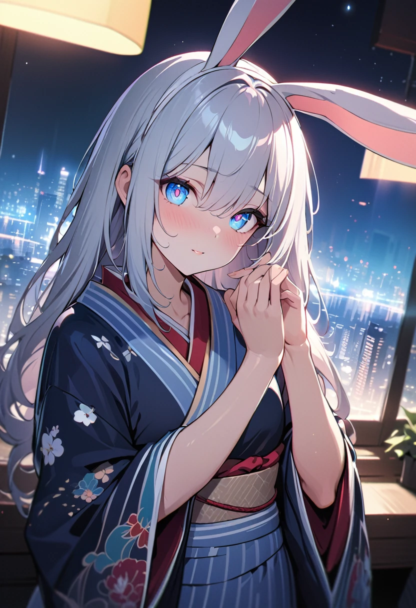 (Absurd:1.5), (Masterpiece:1.3), Top Quality, Absolute Resolution, Unity 8K Wallpaper, (Illustration: 0.8), (Beautiful Detailed Eyes: 1.6), Highly Detailed Face, Perfect Lighting, Highly Detailed CG, (Perfect (hands, perfect anatomy), 1 girl, rabbit ears, wearing kimono, cityscape at night