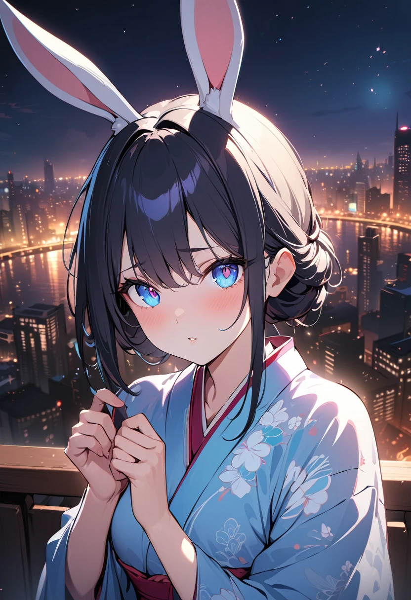 (Absurd:1.5), (Masterpiece:1.3), Top Quality, Absolute Resolution, Unity 8K Wallpaper, (Illustration: 0.8), (Beautiful Detailed Eyes: 1.6), Highly Detailed Face, Perfect Lighting, Highly Detailed CG, (Perfect (hands, perfect anatomy), 1 girl, rabbit ears, wearing kimono, cityscape at night