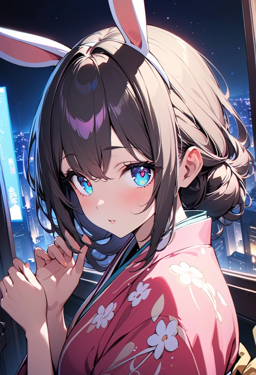 (Absurd:1.5), (Masterpiece:1.3), Top Quality, Absolute Resolution, Unity 8K Wallpaper, (Illustration: 0.8), (Beautiful Detailed Eyes: 1.6), Highly Detailed Face, Perfect Lighting, Highly Detailed CG, (Perfect (hands, perfect anatomy), 1 girl, rabbit ears, wearing kimono, cityscape at night