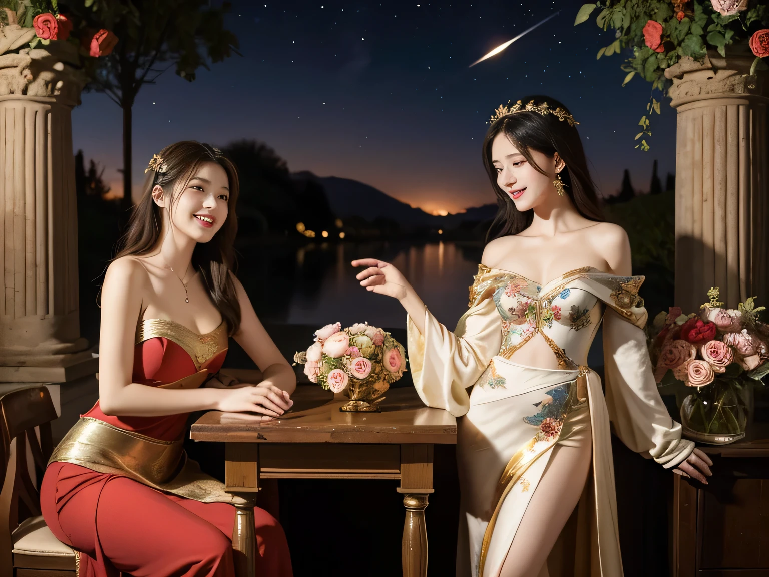 Giorgione painting style,Arguments of two female Philosophe,math、astronomical machine、astronaut、roses in vase、fruits、Cute trinkets、smile、ancient greek costume、Background is a forest lake at night 、Clothes that stretch your shoulders、A big smile、beautiful bare skin、A detailed representation of the seducing woman throughout her body.