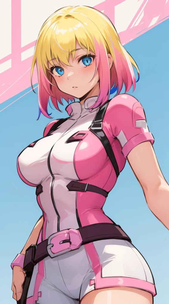 gwenpool, 1girl, blonde hair, multicolored hair, solo, blue eyes, short hair, gradient hair, belt, two-tone hair, pink hair, breasts.