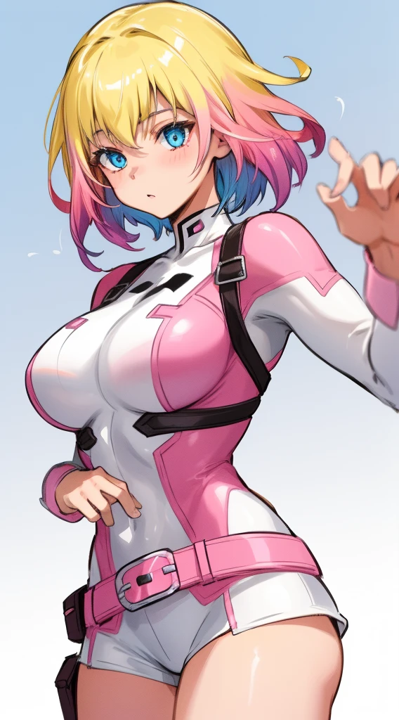 gwenpool, 1girl, blonde hair, multicolored hair, solo, blue eyes, short hair, gradient hair, belt, two-tone hair, pink hair, breasts.