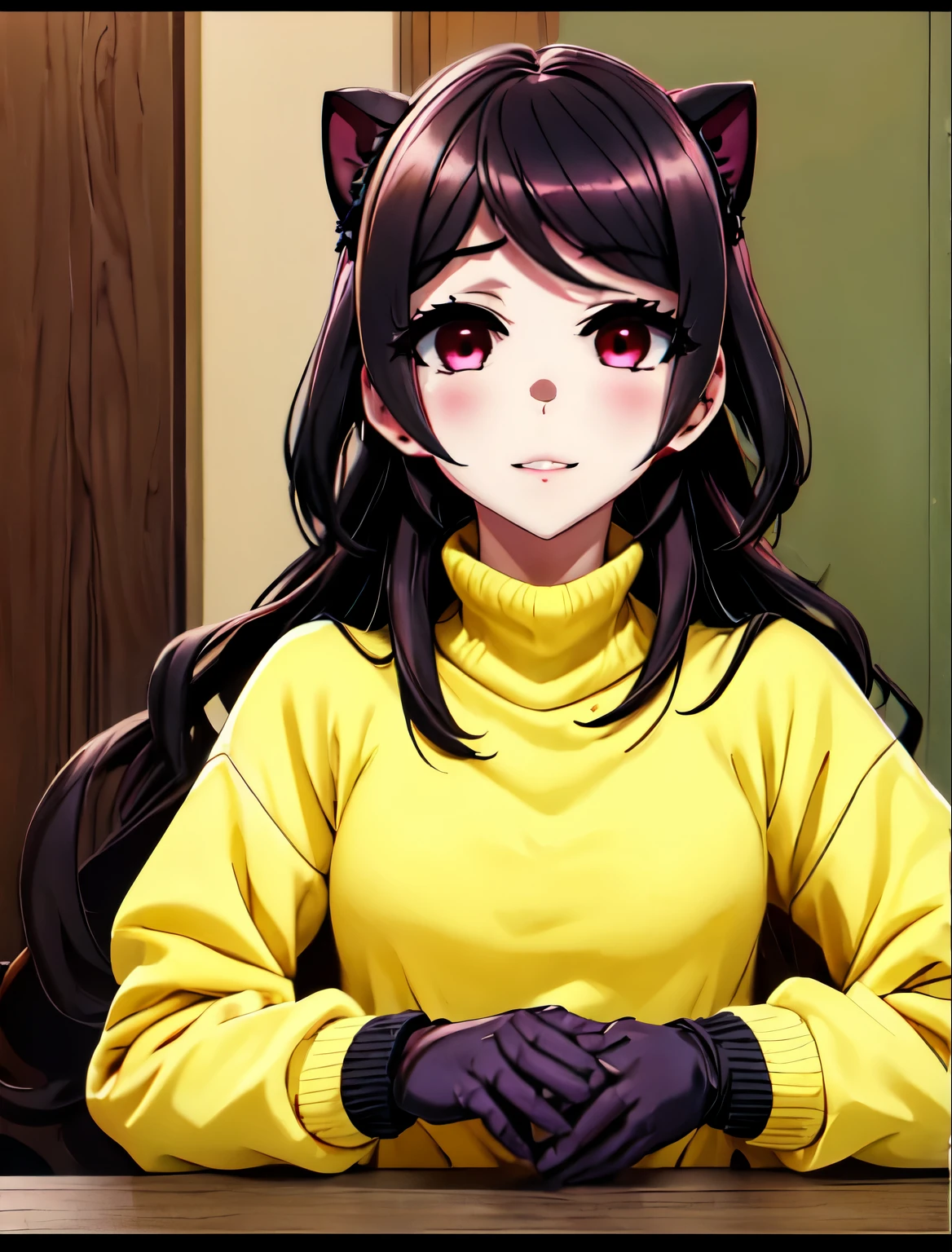 ((junkotvv))mejor calidad, obra maestra, high resolution, detallado, obra de arte digital, EikoHozuki, Pelo negro, yandere, sonrisa malvada, horror \(tema\), yellow sweater, turtleneck, al aire libre, (sosteniendo el cuchillo), ojos oscuros, oscuridad, aura oscura, (((empty eyes))), (guantes rosas),