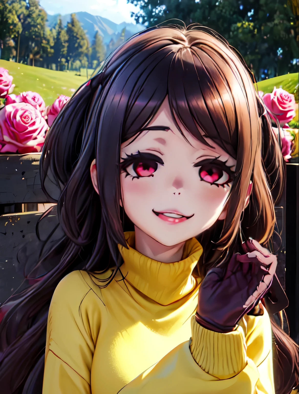 ((junkotvv))mejor calidad, obra maestra, high resolution, detallado, obra de arte digital, EikoHozuki, Pelo negro, yandere, sonrisa malvada, horror \(tema\), yellow sweater, turtleneck, al aire libre, (sosteniendo el cuchillo), ojos oscuros, oscuridad, aura oscura, (((empty eyes))), (guantes rosas),