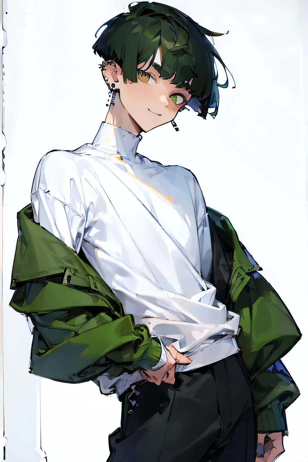 masterpiece , best quality , detailed , ((( 1 male:1.3 ))) , ( male focus:1.2 ) , dark green hair , ( short length under cut hairstyle ) , (nape hair) , (( heavy bangs )) , ( male face:1.3 ) , oversized wear , ( white thick sweatshirt ) , sharp nose , (( boy eye )) , (( boy face )) , (( many piercings:1.3 )) , green eye , cool eye , eyebrows , happy smile , ( slender:1.2 ) , ( from front ) , looking viewer , (( cowboy shot:1.3 )) , ( white background:2 ) , hand on own hip