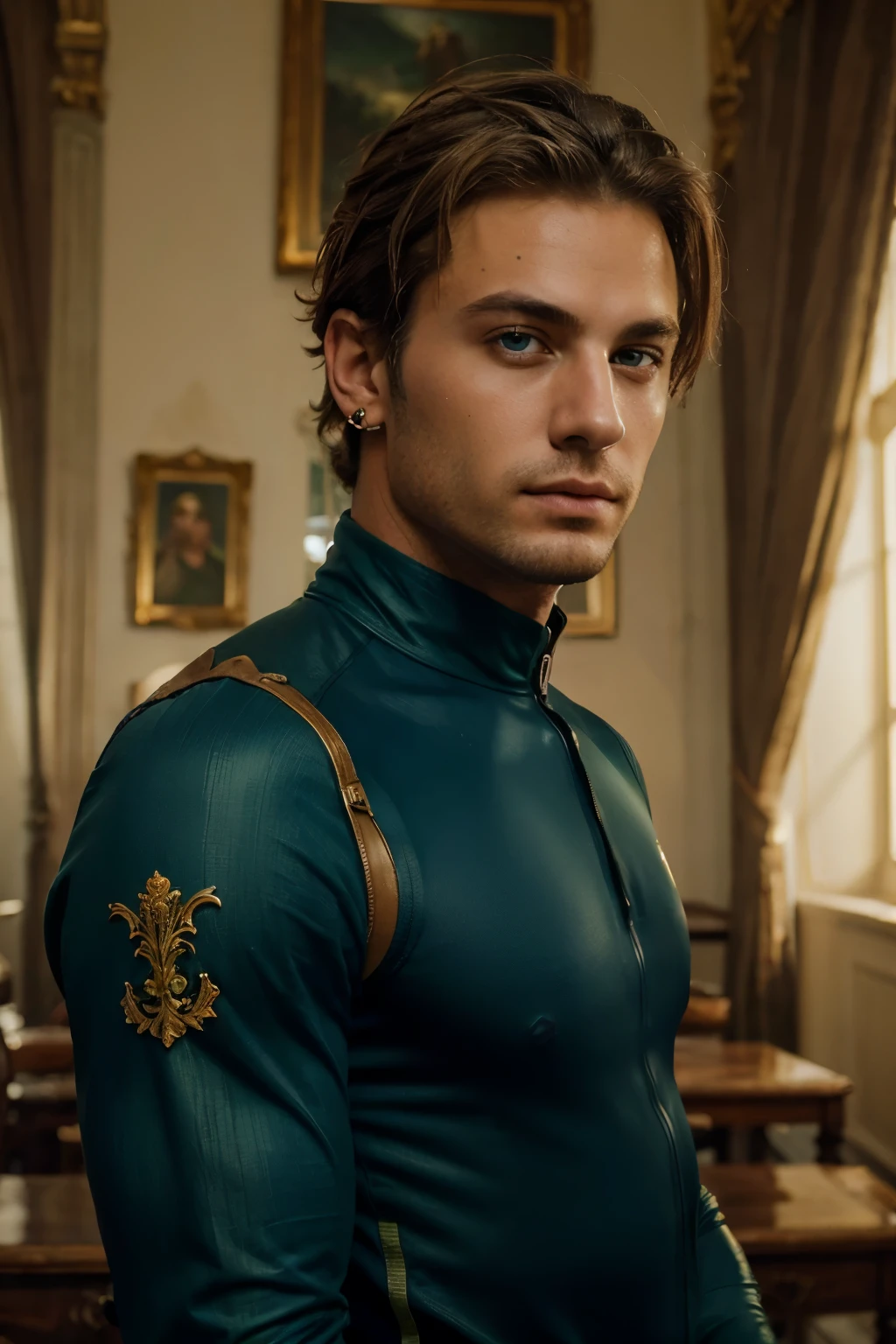 Absurd resolution, high resolution, (masterpiece: 1.4), hyper-detail, italian man, dirty blonde hair, ear piercing, body pressed suit, blue-green dark eyes
