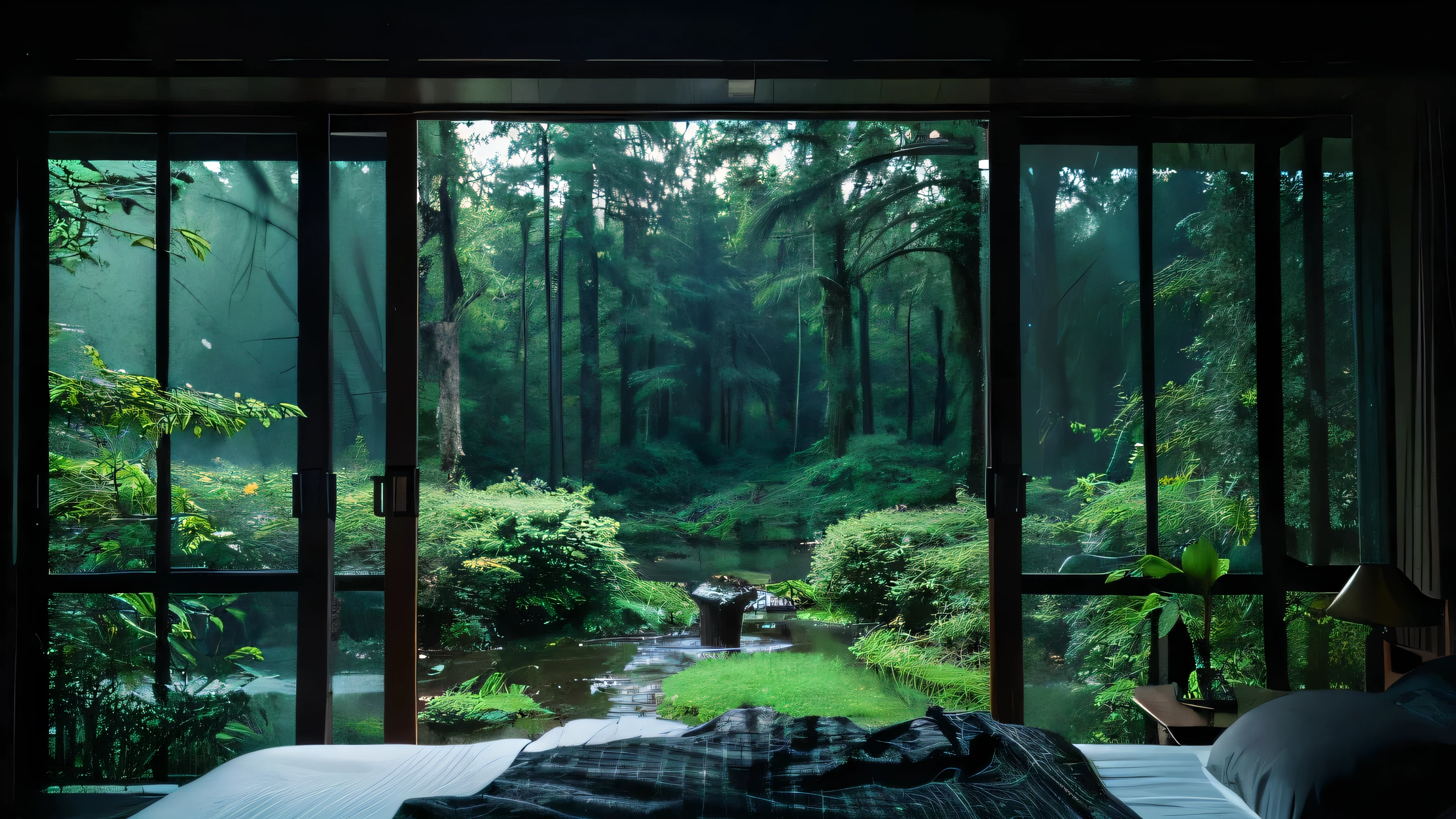 ((highest quality)), ((masterpiece)), (Familiar), 4K, Dark Room, 豪rain, view from bed, in the forest, rain