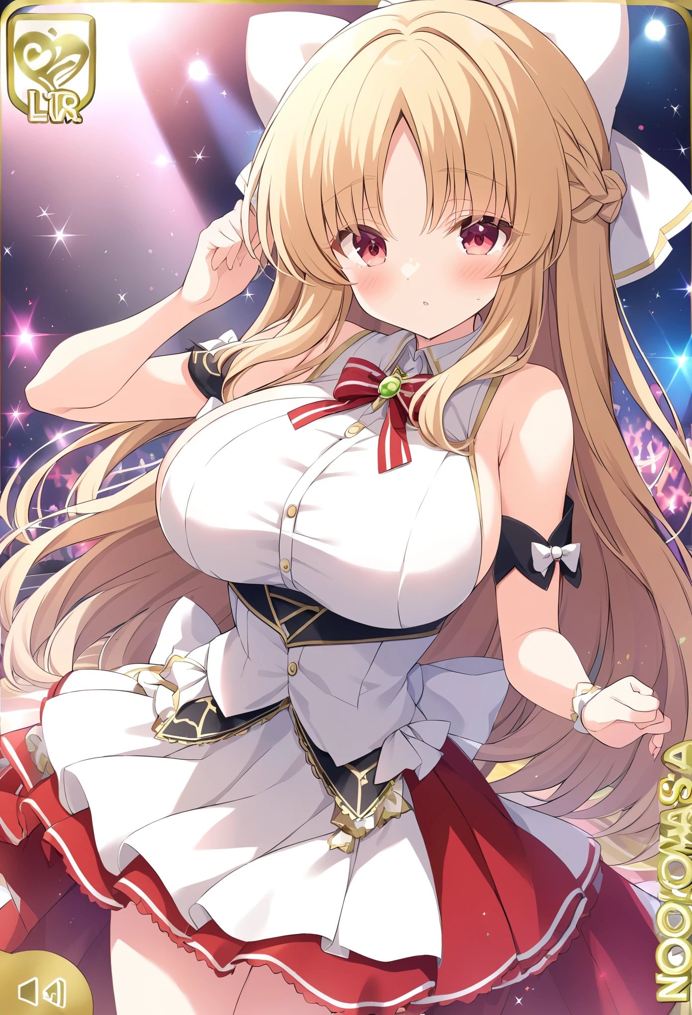 SASAHARANONOKA, BLONDE HAIR, PARTED BANGS, HAIR BOW, WHITE BOW, FRENCH BRAID, HALF UPDO, LONG HAIR, RED EYES, large breasts, live stage,