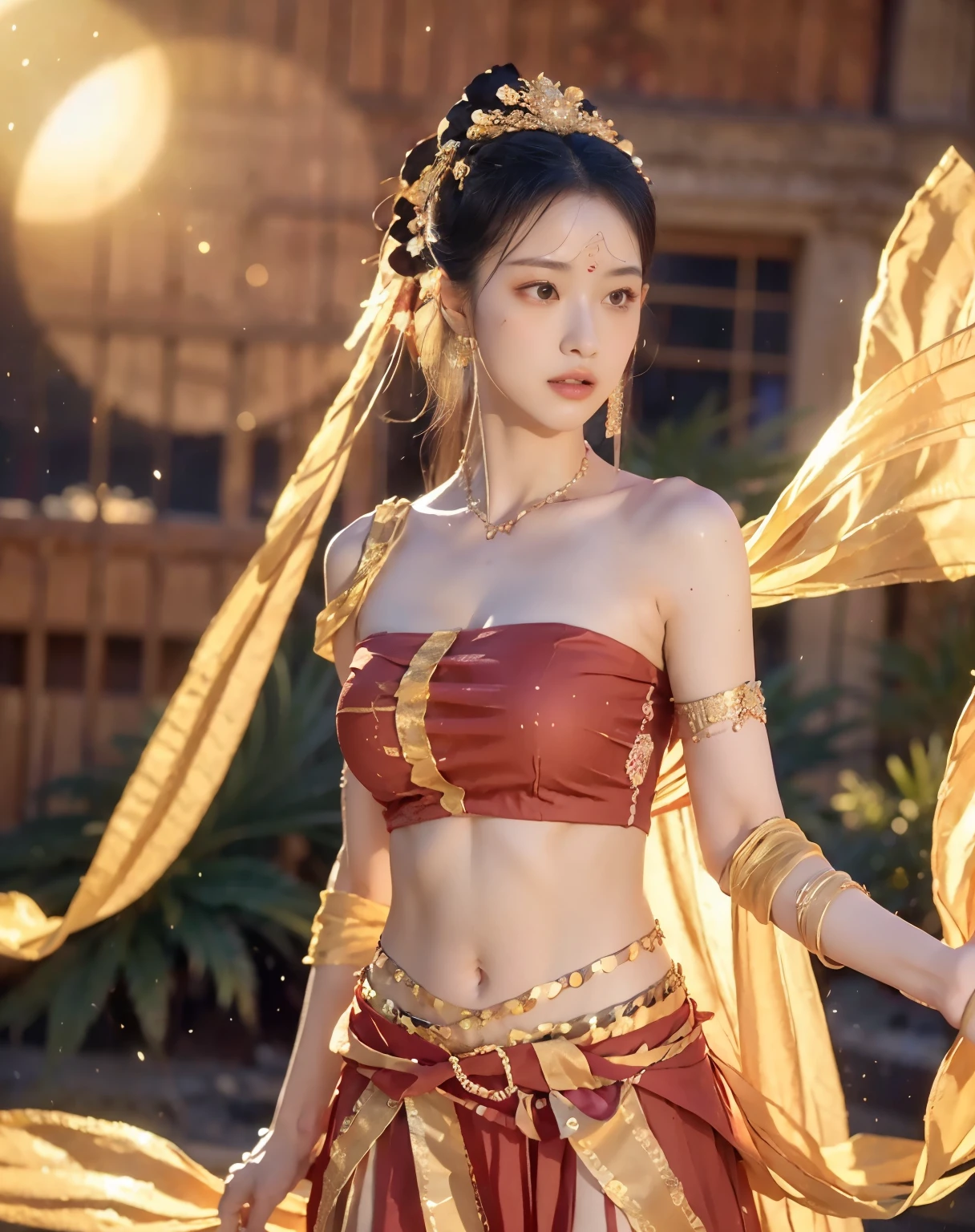 (8k, RAW photo, best quality, tmasterpiece:1.2), (realistic, photo-realistic:1.4), (Extremely detailed CG unity 8k wallpaper), (1 girl:1.5),Beauty of the Western Regions,(Red clothes:1.4),There are red spots on the forehead,Pale skin,Blushlush,largeeyes,full bodyesbian,upper legs,Open navel,Gold-tone waist chain,golden ornaments,Flying ribbons,Particle,Ancient buildings are in the background,,dance, dunhuang_dress, dunhuang_style, large breasts, realistic proportions, good anatomy, (realistic, hyperrealistic:1.4), fluttering ribbons