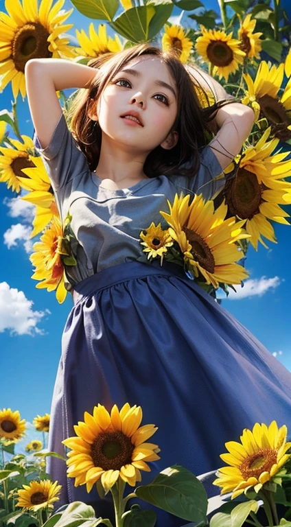 Flowers and blue sky、Autumn sky and beautiful sunflowers、Landscape photo of a vast sunflower field、(View of the sky and wilderness from below)、Girl looking up at the blue sky、Draw a big picture of the sky、Tabletop、highest quality、Perfect cute smile, Perfect Face, Five fingers, Two arms,