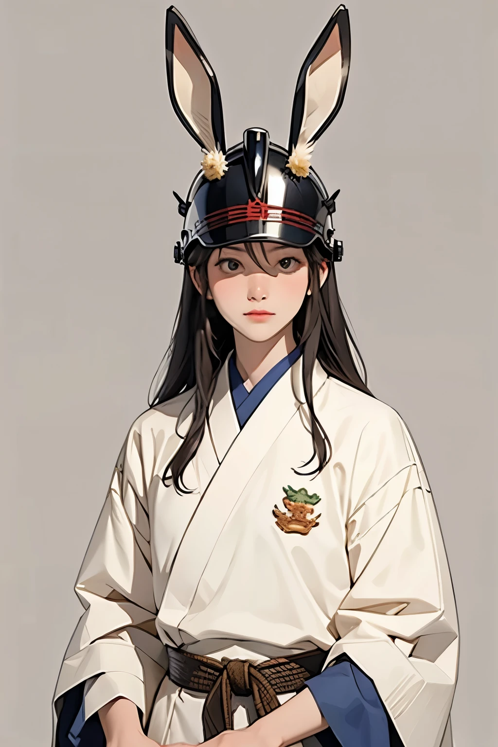 (masterpiece, highest quality:1.2), Helmet from the Japanese Warring States Period、Arrange the rabbit on the placket to make the rabbit ears long and stag-like.、Helmet only、Simple Background、