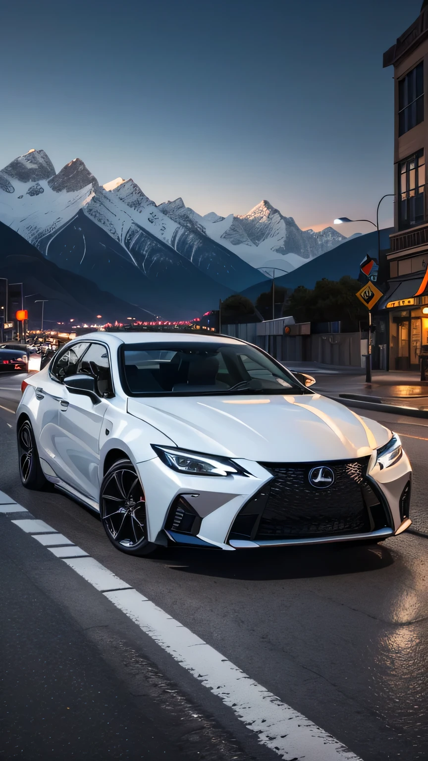 is250, white car, vehicle focus, front view, no humans, ground vehicle, motor vehicle, urban city, street, mountain in background, cruising on street, night scene