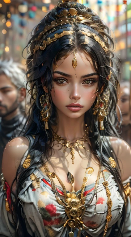 a painting of a woman with a gold headpiece and a gold choke, portrait of a beautiful goddess,highly detailed,she is majestic.