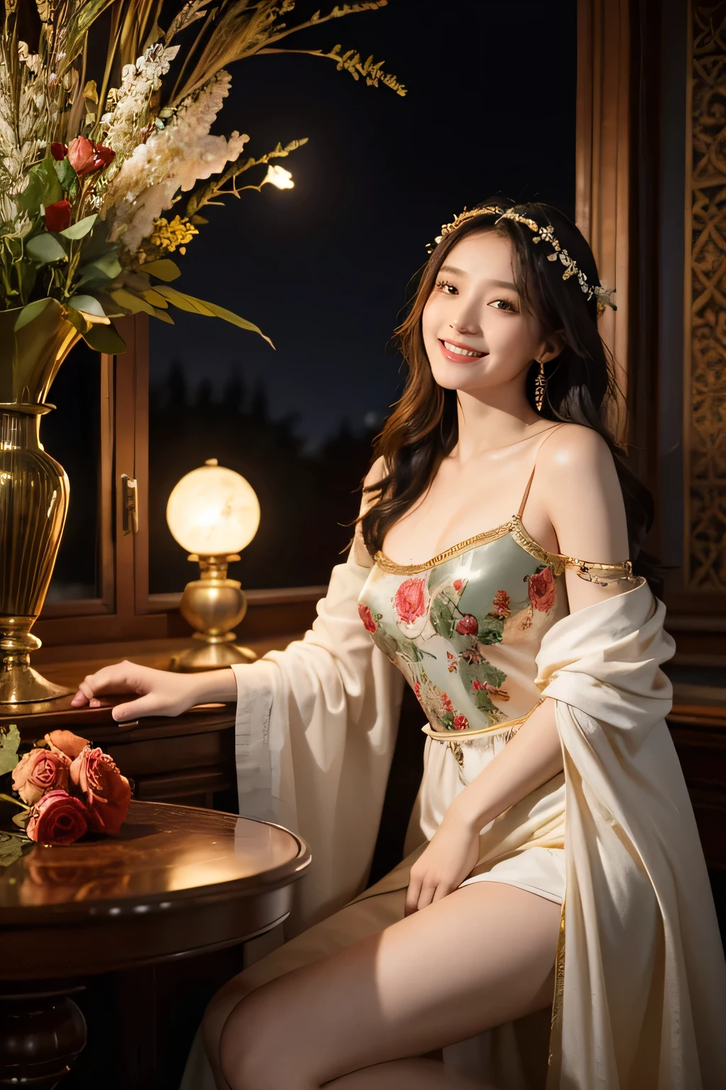 Giorgione painting style,Arguments of two female Philosophe,math、astronomical machine、astronaut、roses in vase、fruits、Cute trinkets、smile、ancient greek costume、Background is a forest lake at night 、Clothes that stretch your shoulders、A big smile、beautiful bare skin、A detailed representation of the seducing woman throughout her body.