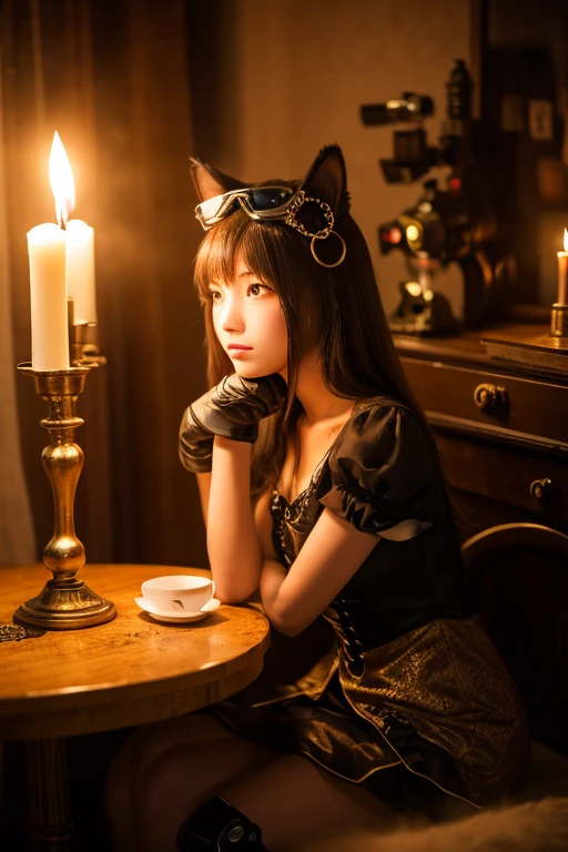 "Steampunk girl with her cat robot companion, Relax in a candlelit room, Eye contact with viewers, Shooting with wide angle."