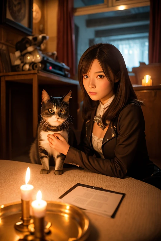 "Steampunk girl with her cat robot companion, Relax in a candlelit room, Eye contact with viewers, Shooting with wide angle."