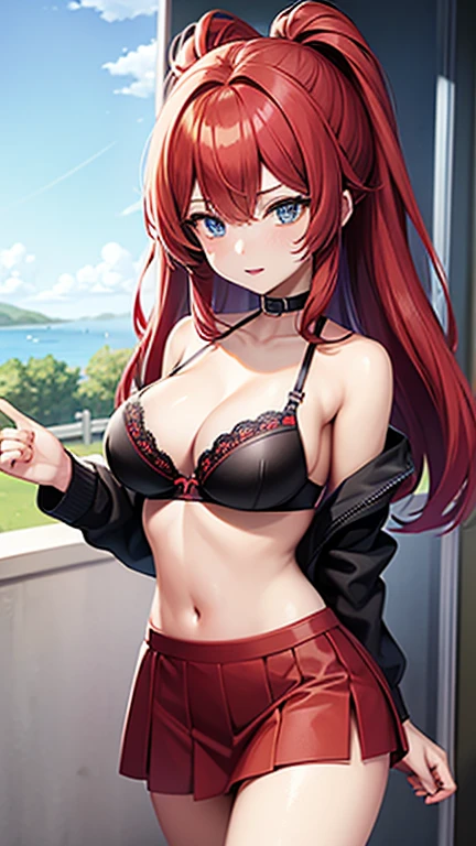 An anime girl with red hair and blue eyes wearing a skirt and a black and red bra