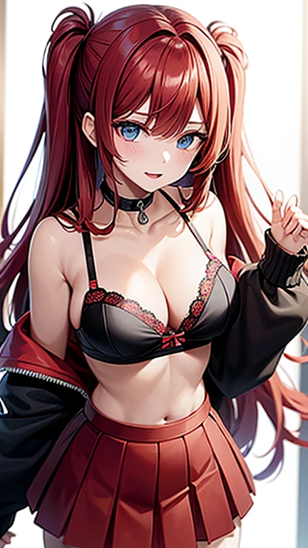 An anime girl with red hair and blue eyes wearing a skirt and a black and red bra