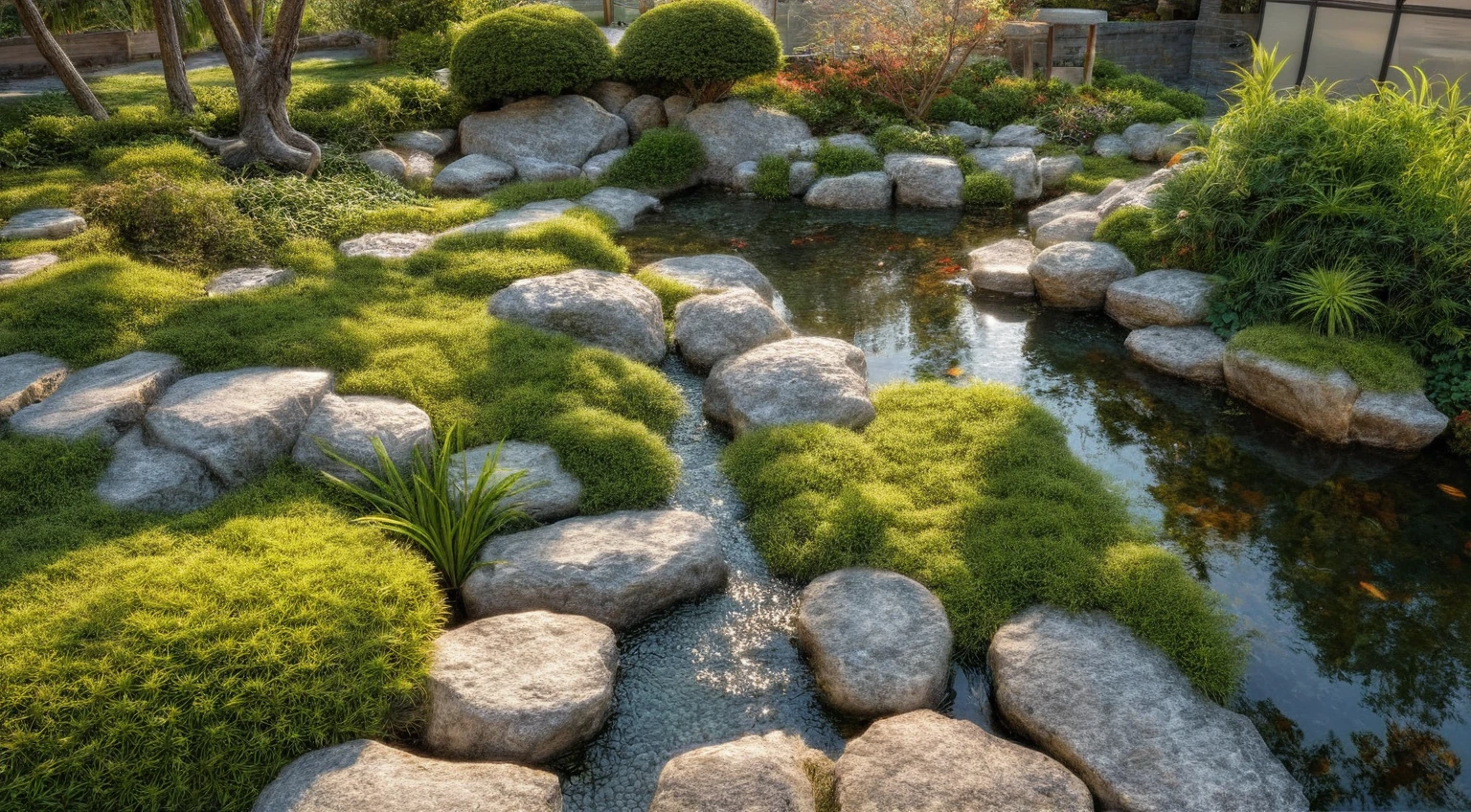 The garden and wall are planted with pine trees, pine trees, peach trees, and apricot trees. There are many types of shrubs to choose from for inclusion in Japanese garden design such as sycamore, laurel, apricot, sanh, and sapphire. Domestic plants are mainly lotus and aquatic plants such as water bamboo and betel nut. Artistic penjing trees are also integrated into rockeries and rugged rocks like cliffs, white concrete fence, A pond surrounded by a Japanese garden with shrubs, rocks, and trees and a fish tank in the garden, (architectural design visualization), (neutral natural lighting), (reflection), (focus on object), (material normal bump real reflection), (scattered light), (light ray), (multi-beam light), (sunbeam) (multi-level reflection), (chao vantage software visualization render),(((Best Quality))), ((Masterpiece)), ((best illustration)), ((best shadows)), ((Super Detail)), (Intricate lines), (Photorealism),(hyper detail), ((archdaily)), ((award winning design)), (dynamic light), spotlight, (perfect light), (shimering light), ((photorealistic)), ((intricate detail)), ((extreme detail)), ((crazy detail)), ((octane render)), ((trending on artstation)), ((High-fidelity)), ((Viwvid)), ((Crisp)), ((Bright)), ((Stunning)), ((Eye-catching)), ((High-quality)),((Sharp))((Bright)), ((Stunning)), ((Eye-catching)), ((Illuminating)), ((Flawless)), ((High-quality)),((Sharp edge render)), ((medium soft lighting)), ((photographic render)), ((detailed archviz)), ((reality environment))