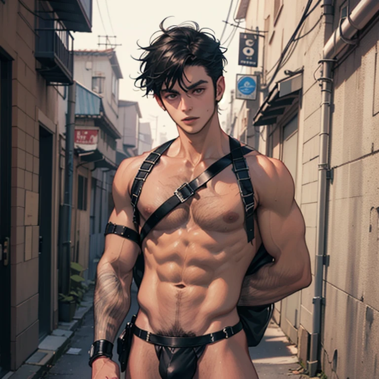 Very DIRTY, Black hair, showing off his hairy armpits, Big bulge, very hairy armpits, hairy pubic, hairy crotch, Cute handsome face, In the dirty alley, Zephyr stands bound, WEARING Tiny thong, his wrists encased in supple leather cuffs that accentuate the lines of his forearms. A bondage chest harness adorns his upper body, its intricate design revealing the play of shadows on the exposed skin of his chest. The ambient lighting casts a warm glow, creating an interplay of light and darkness. Zephyr's legs, enveloped in calf-to-thigh leather restraints, add a visual symmetry to the scene. The leather straps, secured with meticulous precision, enhance the aesthetic appeal of his bound form. The absence of a body panel in the chest harness exposes his torso, highlighting the vulnerability and sensuality of the moment. As Zephyr's hair falls slightly disheveled around his face, the room captures the scents of leather and anticipation. The alley becomes a canvas for the visual impact of restraint, each element contributing to the immersive experience. The intricate details of the bindings and the interplay of light create a visually compelling scene, ripe for exploration by an AI image generator. Both Arms behind back, handcuffed. Nipple clamps.