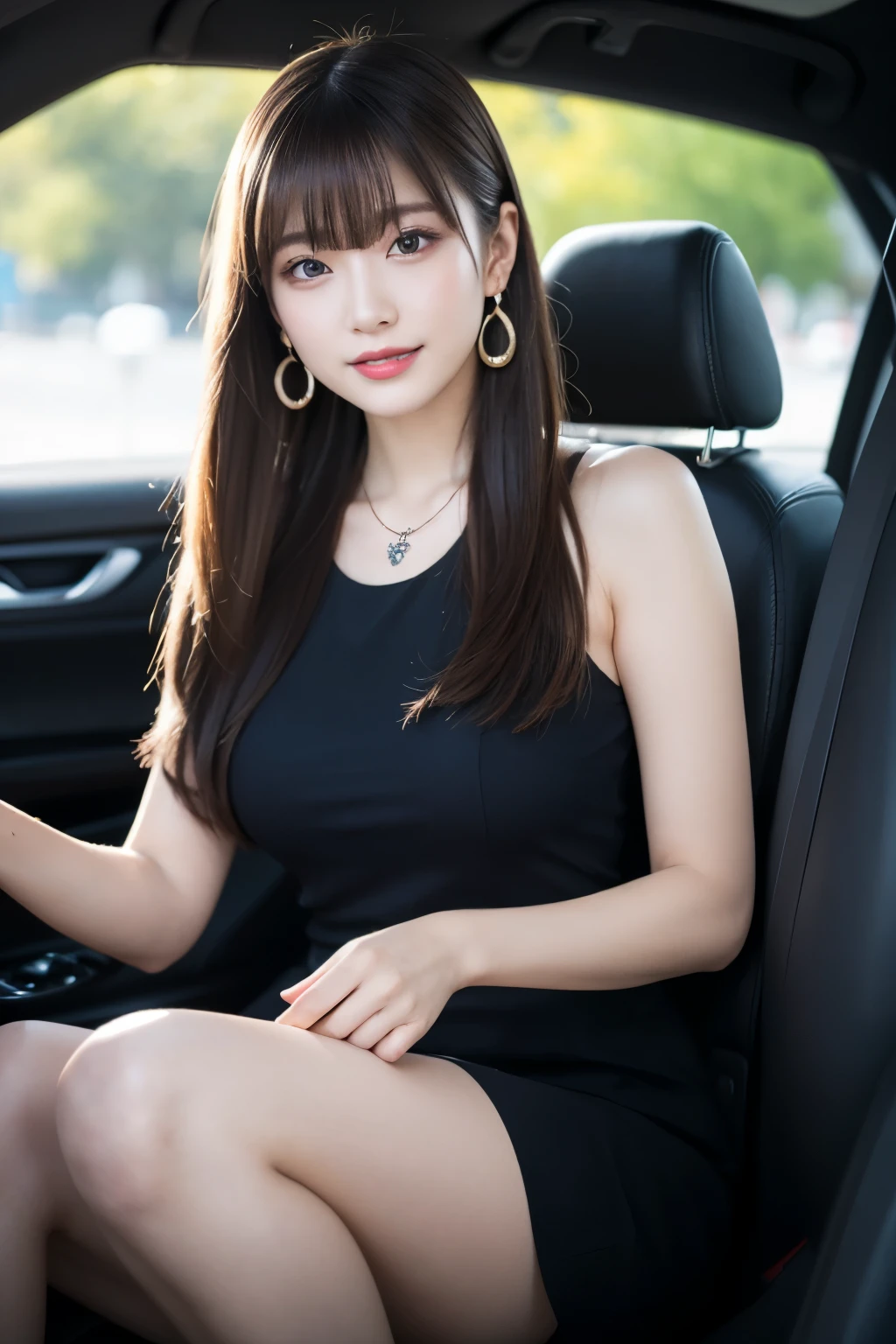 最high quality, Tabletop, High resolution, One Girl, Beautiful Face, Slender、hair accessory, smile, Close your mouth, Beautiful Lips, dress, hair accessory, necklace, jewelry, Long Hair, Earrings, Beautiful Face, On the body, Tyndall effect, realism, Driving a bright red convertible around town、Behind the wheel, Edge lighting, Two-tone lighting, (Skin with attention to detail: 1.2), 8k UHD, Digital SLR, Soft Light, high quality, Volumetric lighting, photograph, High resolution4K, 8k, Blurred Background、mini skirt