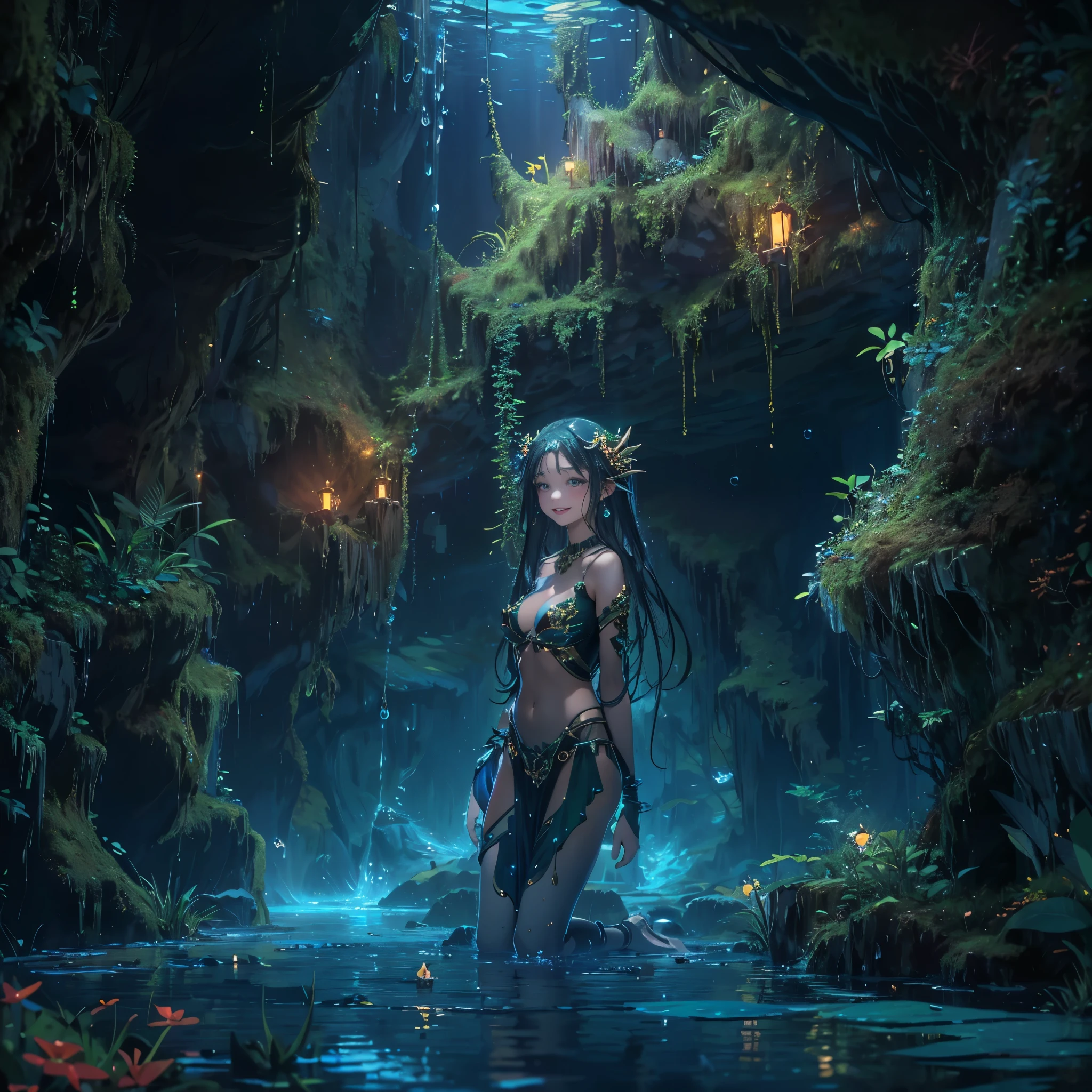 (Best quality, 8k, 32k, Masterpiece, UHD:1.2) water nymph welcomes you to her underground kingdom, deep underground, subterranean, jewelry, clothed, sfw, ((atlantis)), warm light, bioluminescent, smile, coral, moss, seabed, cave