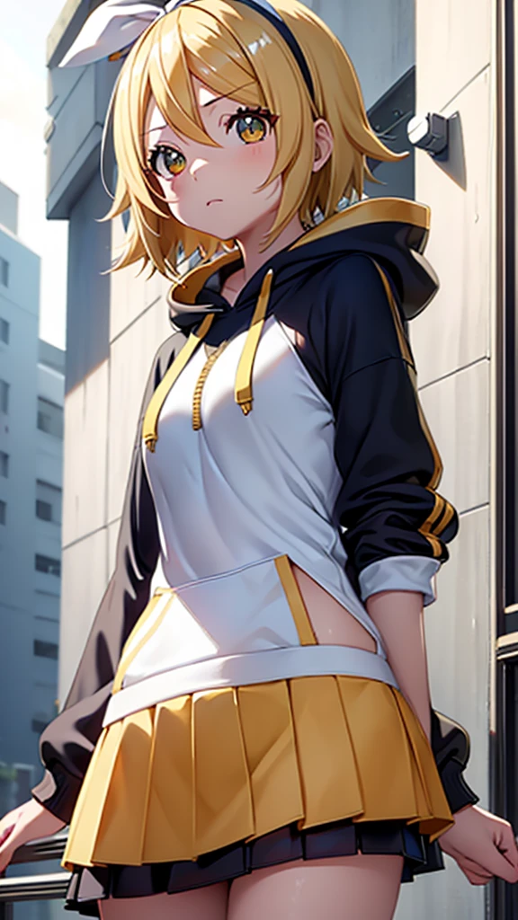 Kagamine rin , 1 girl , wearing a red hooded sweater , white miniskirt with gold horizontal lines , viendo al espectador , bragas visibles , rostro seductor ,(imagen de ultra alta calidad 8k ) obra maestra ( high-definition picture ) , maximum image resolution , ( detalles de la imagen bien definidos )