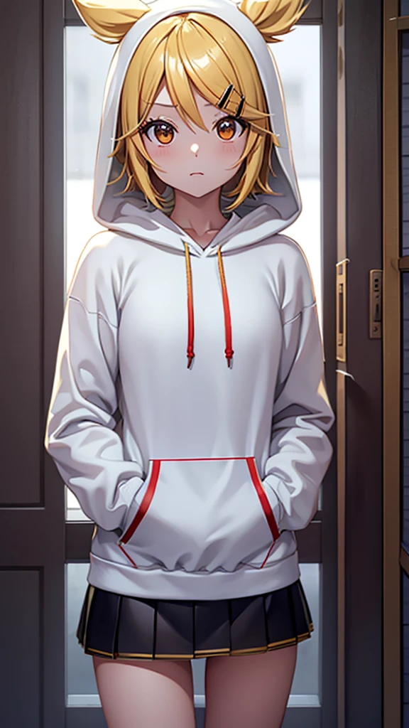 Kagamine rin , 1 girl , wearing a red hooded sweater , white miniskirt with gold horizontal lines , viendo al espectador , bragas visibles , rostro seductor ,(imagen de ultra alta calidad 8k ) obra maestra ( high-definition picture ) , maximum image resolution , ( detalles de la imagen bien definidos )