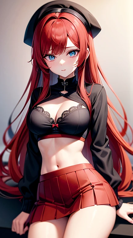 An anime girl with red hair and blue eyes wearing a skirt and a black and red bra